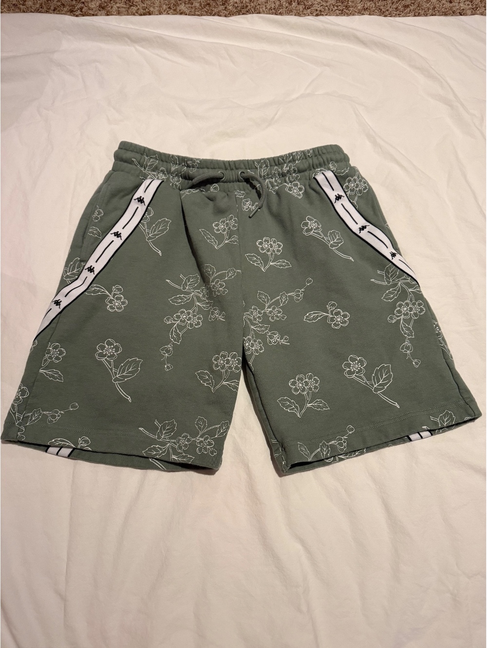 Kappa Large Green Floral Print Athletic Shorts with Side Logo Tape